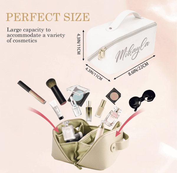 A white makeup bag with many different things in it